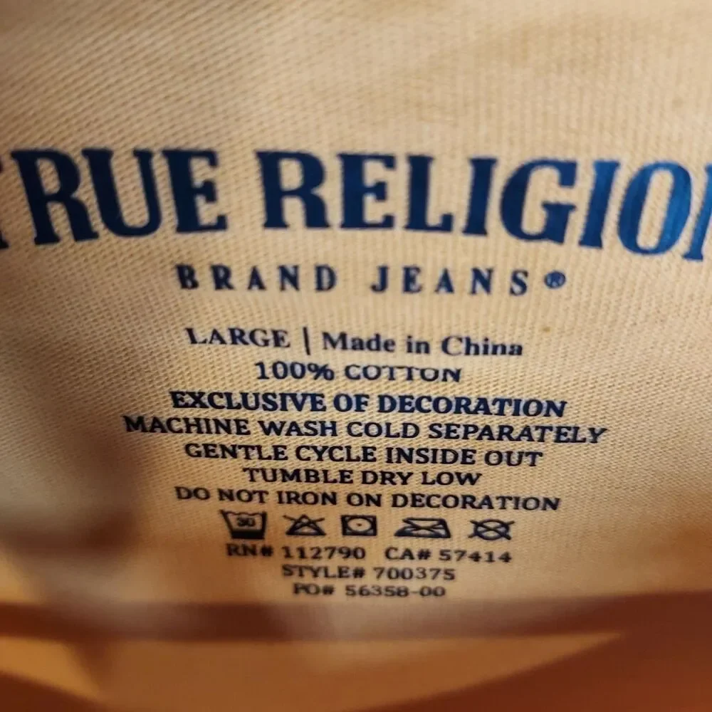 True Religion Mens Mineral Yellow Foil Taping LS Tee Sz L Cotton 700375